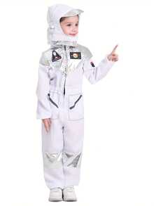 1 Set White Kids Astronaut Costume With Helmet-Style Fabric Hood, Sci-Fi Style, Height 110-140CM, Space Theme Party/Halloween/Stage Performance/School Play - White - View 4