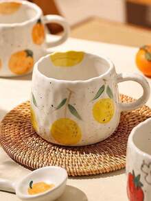 1pc Japanese Countryside Style Hand-Painted Orange Ceramic Coffee Mug, Suitable For Home, Office, Gift-Giving Back To School