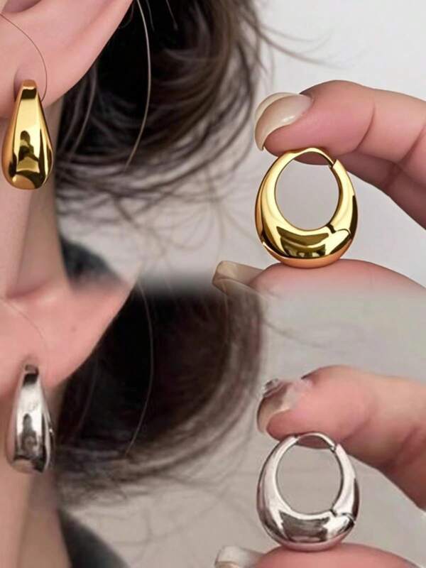 1 Pair/2 Pieces Minimalist Alloy Geometric U-Shaped Hoop Earrings, Smooth Open Oval Earrings For Women, Everyday Wear, Simplistic Metal Geometric Earrings With Elegant High-End Fashion, Versatile Gift For Christmas, Thanksgiving, Valentine's Day