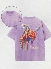 Western Cowboy Riding Printed Batik Washed T-Shirt, Simple And Versatile.