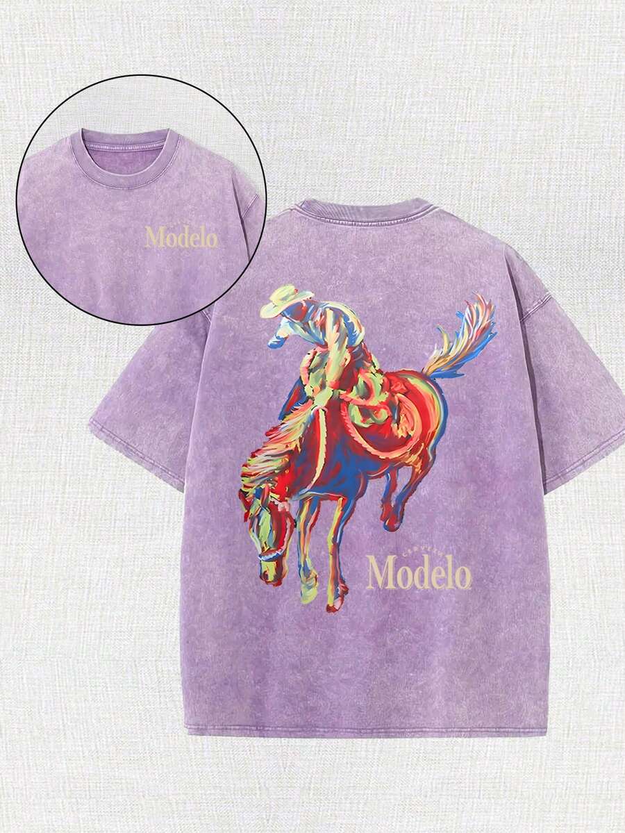 Western Cowboy Riding Printed Batik Washed T-Shirt, Simple And Versatile.