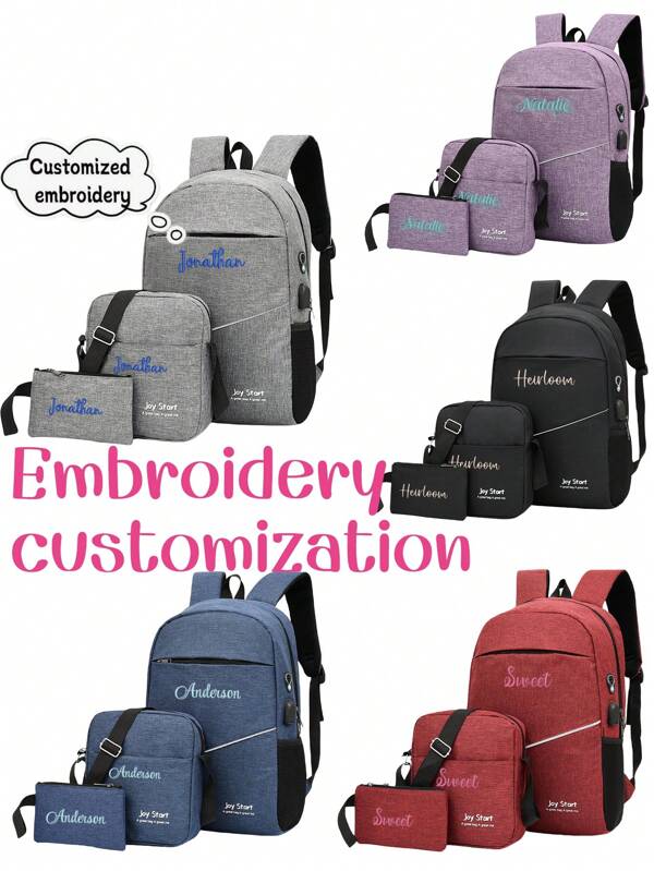 3pcs Personalized Multi-Function Backpack Set: Embroidered Customized Name Backpack With USB Charging, Large Capacity Solid Color Minimalist School Backpack, Portable Lightweight Travel Laptop Bag, Shoulder Bag & Pencil Case. Suitable For Back To School, Travel, Daily Use. Great Gift For Family, Friends, Father On Christmas, Father's Day, Teacher's Day, Birthday, Back To School