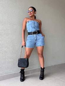 Kissmelady 3011 Women's Denim Overalls Dark Dungarees 3011 - 中等水洗藍 - 查看 6