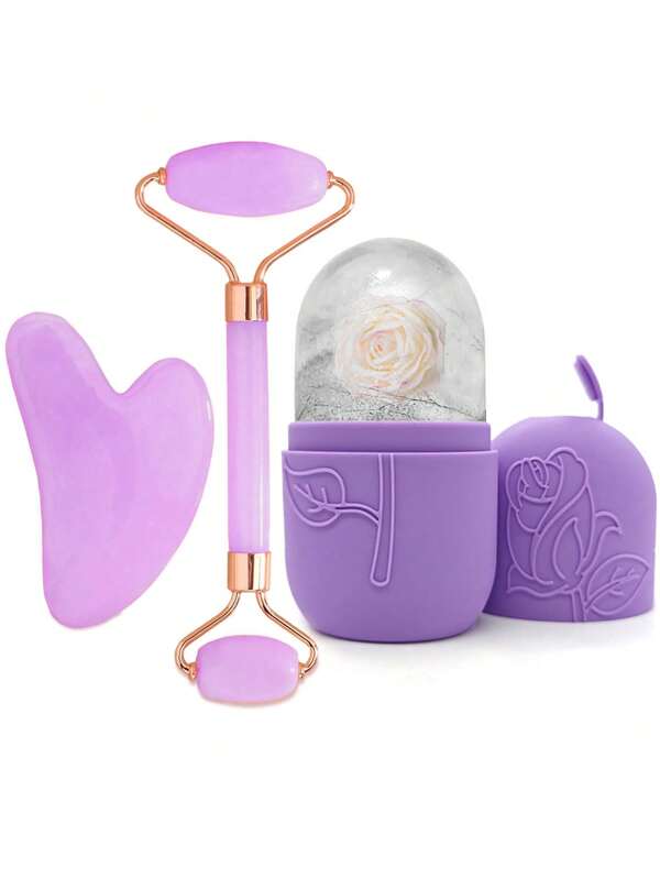Set de 3 rodillos de hielo faciales - Juego de rodillos faciales de hielo, herramientas de masaje facial, rodillo facial de silicona con hielo, rodillo de hielo, cuarzo rosa con rodillo masajeador y tabla Gua Sha, para aliviar la hinchazón facial y ocular, masajeador facial que contornea y mejora el cuidado de la piel y el brillo, para ojos, cuello y rostro, molde de rodillo facial de hielo - Herramientas para el cuidado de la piel. Productos para masaje con hielo de verano, suministros de oficina, suministros escolares, artículos esenciales de viaje.