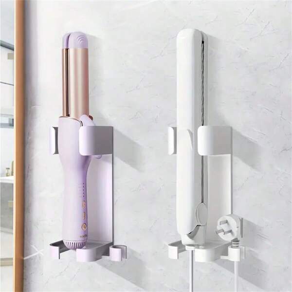 1pc Multifunctional Wall-Mounted Straightener Holder & Organizer - No Assembly Required Adhesive Bathroom Storage Rack With Comb Clips, Durable Plastic Space Saving Design, Practical Shelf Back To School