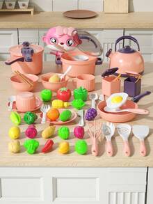 1 套儿童厨房用具炊具玩具套装，逼真的角色扮演磁性炉灶、锅碗瓢盆、切割玩具