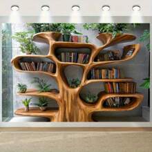 2D 1pc Tree-Shaped Bookshelf With Green Plants & String Lights – Rustic Fall Or Christmas Decor, Perfect For Cozy Reading Nooks, Party Backdrops, And Photography Props, Multiple Sizes Available, Book Deco