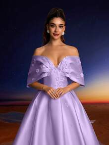 女士优雅3D立体花卉装饰正式晚礼服，简约设计 - 紫色 - 查看 10
