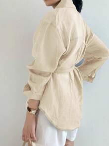 女士休闲时尚简约纯色露肩宽松裹身打结衬衫春秋季款