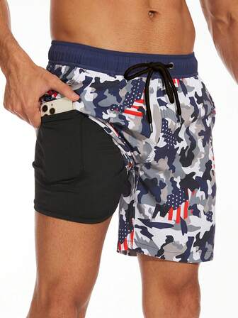 男士沙滩轻质涤纶双层男士泳裤短裤透气松紧腰男士健身短裤速干健身泳装带衬里和口袋