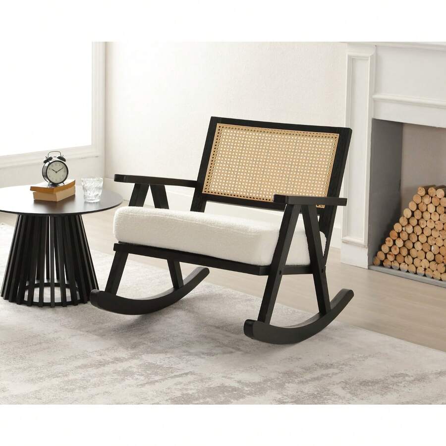 Chairus Upholstered Rocking Chair For Living Room Linen Relax Chair With Rattan Backrest Leisure Lounge Armchair With Solid Wood Legs Bedroom - Black - View 1