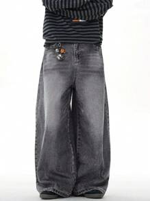 1pc Vintage Distressed Washed Loose Fit Wide Leg Boyfriend Jeans, Casual & Versatile Unisex Style (With Frayed Hem)