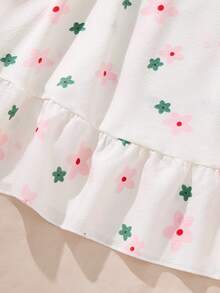 Floral Print Textured Pajama Set, Women Sweet Bow Decor Square Neck Ruffle Trim Camisole Dress - Baby Pink - View 6