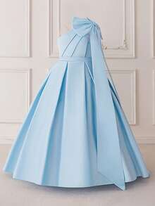 Tween Girls Asymmetric Bow Bridesmaid Party Dress, Elegant Beauty Pageant Princess Banquet Gown For Girls, Graduation Ceremony Birthday Wedding Prom Dress - Blue - View 3