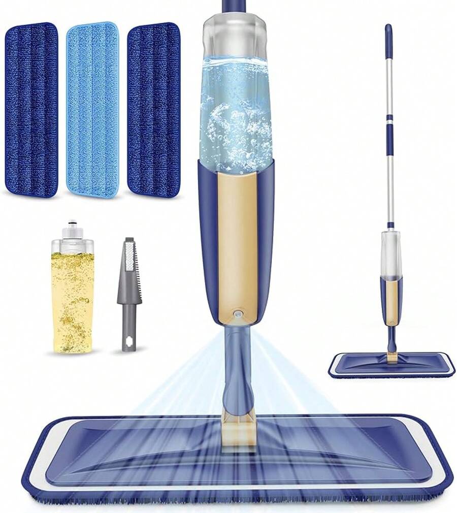 Spray Wet Mops For Hardwood Floors- MEXERRIS Microfiber Dust Dry Mop With 3 Microfiber Washable Pads Hard Wood Floor Mop With Sprayer Commercial Home Use For Wood Floor Laminate Ceramic Tiles