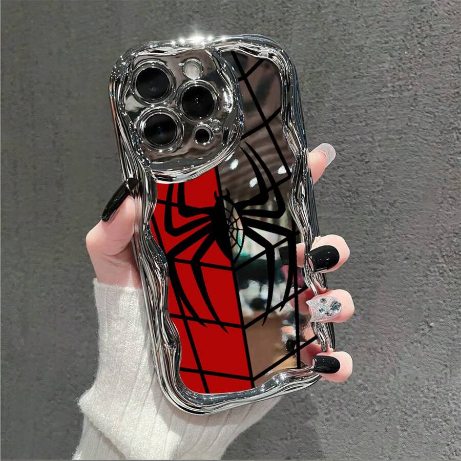A Phone Case Designed With A Double Spider Web Pattern In Red And White, Crafted From Electroplated Cream Material. It Fits Models 16, 15, 14, 13, 12, And 11 Pro Max, Along With 16 And 15 Plus. This Adorable And Fashionable Case Is Robust And Shockproof. - White - View 1
