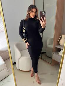 RIBBED DRESS WITH ELEGANT SLEEVES HIGH QUALITY MODAL AUTUMN AND WINTER - Black - View 4