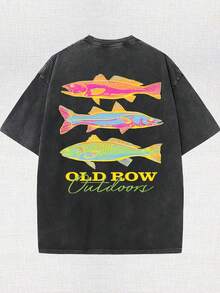 Men's Casual Summer Washed Cotton T-Shirt [Old Row Outdoor] Fish Print, Round Neck, Short Sleeves, Lightweight Cotton Knitted Fabric, Casual Summer Round Neck Shirt | Rib Details. - 黑色 - 查看 2