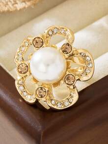 1 件复古奢华高端水钻和人造珍珠镂空五瓣花戒指，适合女士，适合婚礼/派对/正式晚宴/日常佩戴，精致的女士珠宝生日礼物，送给最好的朋友/姐妹/女朋友 - 金黃色 - 查看 2