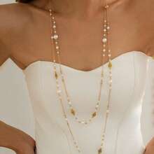 2pcs French Fashion Faux Pearl Chain Long Necklace, Women's Party Gathering Accessories, Elegant Jewellery
