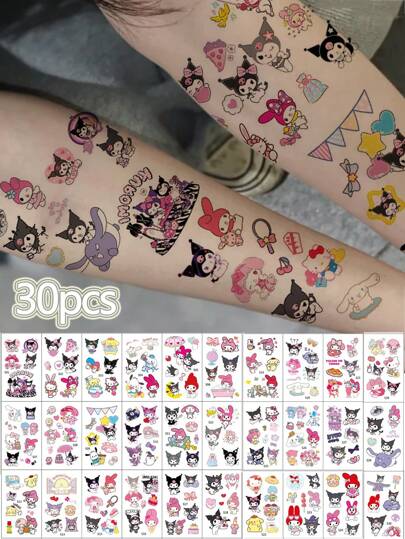Sanrio 30Pcs Cartoon Hello Kittys Kuromis My Melodys Cinnamorolls Kitty Cat Anime Waterproof Tattoos Stickers Body Art Sticker Decoration Accessories (Some Parts May Be Random)