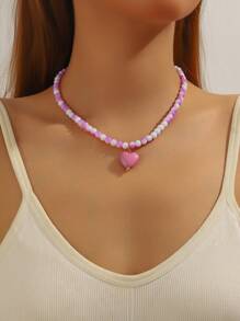 1pc Fashionable Minimalist Glass Bead Necklace With ABS Plastic Heart Charm, A Gift Or Everyday Wear