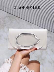 1 pieza Bolso de embrague de cuero blanco elegante y de moda para mujer, decoración de asa brillante, correa de hombro desmontable de cadena metálica, diseño con solapa, adecuado para fiesta, boda romántica, baile de graduación, discoteca, regalo de cumpleaños, combinación con vestido, Día de San Valentín, regalo de vacaciones - Blanco - Ver 6
