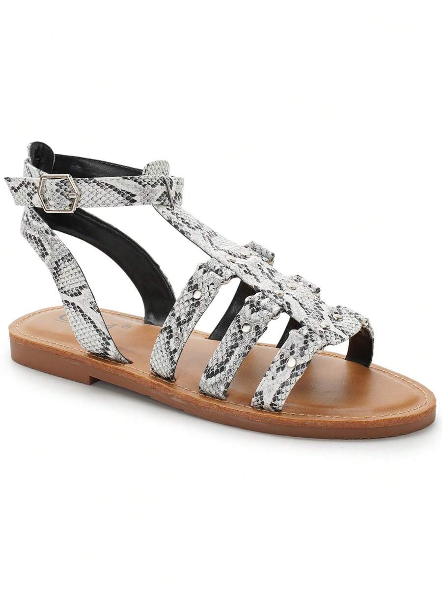 Women's Flat Gladiator Sandals With Buckle Strap And Studded Multi-Strap Design For Comfortable Summer Outfits - Imprimé Serpent - View 1