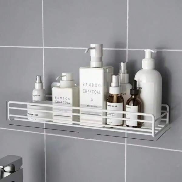 Iron Bathroom Shelf Shower Wall Mount Shampoo Storage Holder With Suction Cup No Drilling Kitchen Storage Bathroom Accessories Bathroom Storage Rack Kitchen Organizer Shelf Shelves Corner Frame Iron Shower Punch Free Mounted Caddy Rack