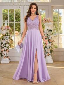 性感深 V 领蕾丝晚礼服优雅正式舞会婚礼宾客礼服，适合毕业典礼、晚宴、露背水钻礼服