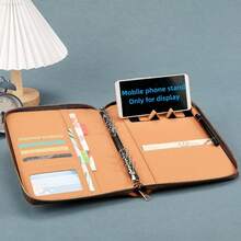 商务拉链袋笔记本A5活页本套装学校用品办公多功能会议记录簿配有卡槽和手机支架仿PU皮革活页夹 - A5 - 查看 4