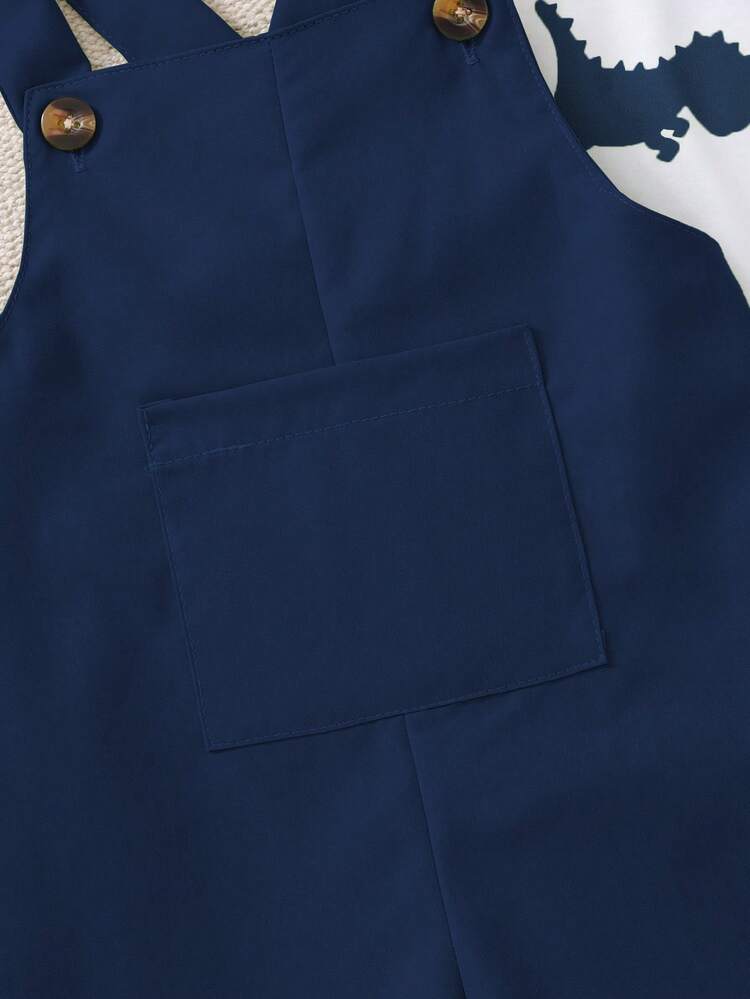 2 件幼儿男童恐龙刺绣圆领短袖 T 恤和休闲背带短裤（含 1 顶帽子），春夏季 - 藏蓝色 - 查看 6