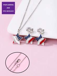 1 Pieza Conjunto de collar y 1 par de aretes, aleación de zinc con gota en forma de estrella de cinco puntas roja, azul y blanca, conjunto de joyas lindas adecuado como regalo para el 4 de julio