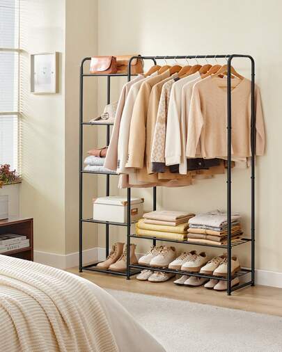 SONGMICS HOME Clothes Rack, Open Wardrobe, 29 X 112 X 158.4 Cm, Clothes Rail, Coat Rack With Shelves, Metal, Freestanding, Ink Black