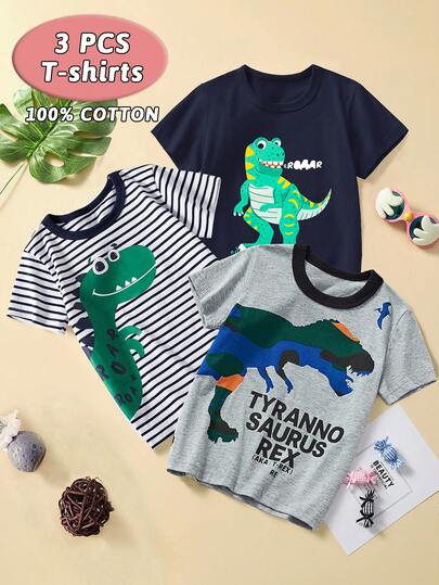 男童 3 件套休闲短袖 T 恤套装，卡通恐龙印花上衣，夏季透气时尚风格