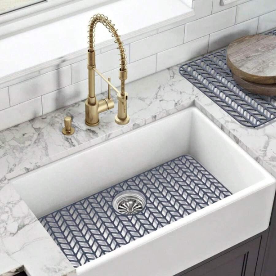 26"X14" Silicone Sink Protector Mat - Sink Protector Mats For Kitchen Sinks, Rear Drain Kitchen Sink Grate Accessory, Heat-Resistant Non-Slip, Farm House Stainless Steel Ceramic Sink Bottom Sink Mat