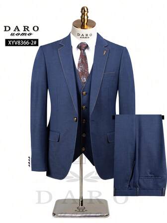 DAROuomo 3pcs/Set Men's Casual Denim Effect Suit (Jacket + Vest + Pants)