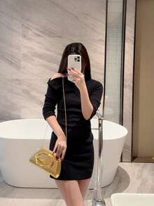 1pc Stylish EU/US Metallic Decorated Mini Box Handbag, High-End Shiny Metal Bar Clutch Purse, Elegant Luxury Evening Dress Party Bag, Leather Design Prom Dancing Clutch/Wedding Ceremony Handbag With Metal Chain - Gold - View 10