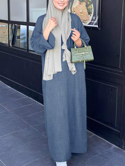 Solid Color Elegant Round Neck Long Sleeve Long Casual Slim Fit Ladies Dress, Everyday Wear