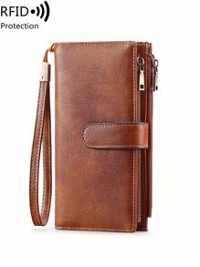 Nueva cartera larga de triple pliegue con tecnología RFID para comercio transfronterizo, cartera vintage multifunción para dama, de unicolor, con gran capacidad