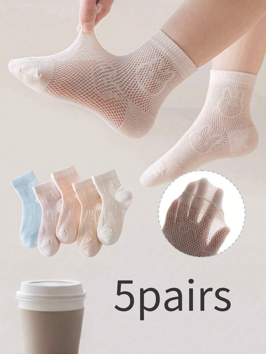 5 Pairs Kids Solid Color Cute Rabbit Net Design Breathable Mid-Calf Socks, Stylish For Boys And Girls Casual Daily Wear - Multicolor - View 1