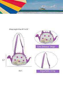 适合青少年的彩色恐龙形沙滩包 - 轻便、可折叠，配有可调节肩带、网袋、拉链封口 - 恐龙形沙滩包户外储物袋可爱旅行单肩包恐龙形背包玩具储物袋、沙滩玩具网状沙滩包贝壳包恐龙沙滩沙玩具手提袋用于存放贝壳沙滩玩具 - 彩色 - 查看 11