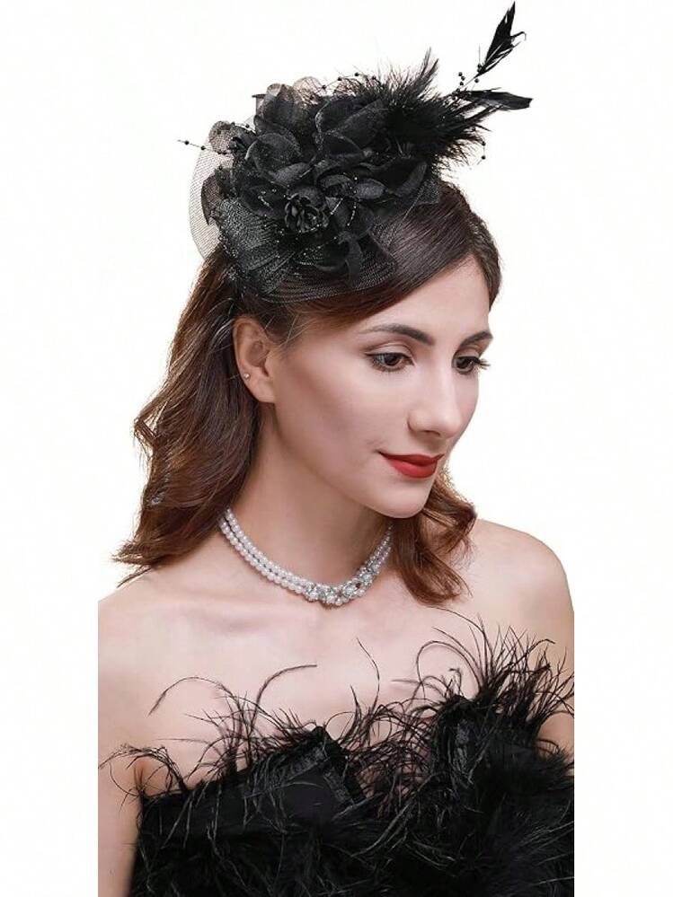 Fascinators Hat Women Tea Party Headband Derby Wedding Flower Cocktail Mesh Feathers Hair Clip - 3-black - View 1