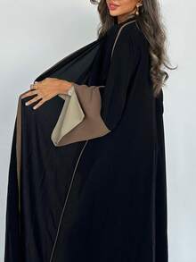 1 件时尚简约撞色拼接袖女式纯色中东服装长裙，优雅开衫长袍 Abaya 适合日常、节日穿着 - 卡其色 - 查看 4
