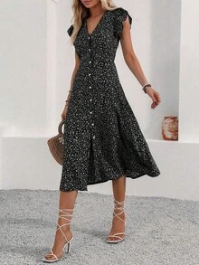 Women's V Neck Boho Floral Midi Dress Ladies Summer Vacation Front Button Down Ruffle Petal Short Sleeve Holiday Garden Beach Frill Split Swing Sundress Tea Dresses - Black - View 5