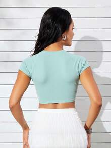 Blusa playera crop top mujer manga corta cuello redondo dama nyc casual lisa moderno fresco juvenil diario comoda - verde menta - Ver 2