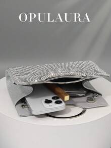 OpulAura 女士时尚闪亮水钻装饰晚宴手拿包，奢华闪耀水钻细节正式派对手提包，适合礼服、派对、约会、婚礼、生日、新娘配饰、婚礼手拿包 - 銀色 - 查看 3