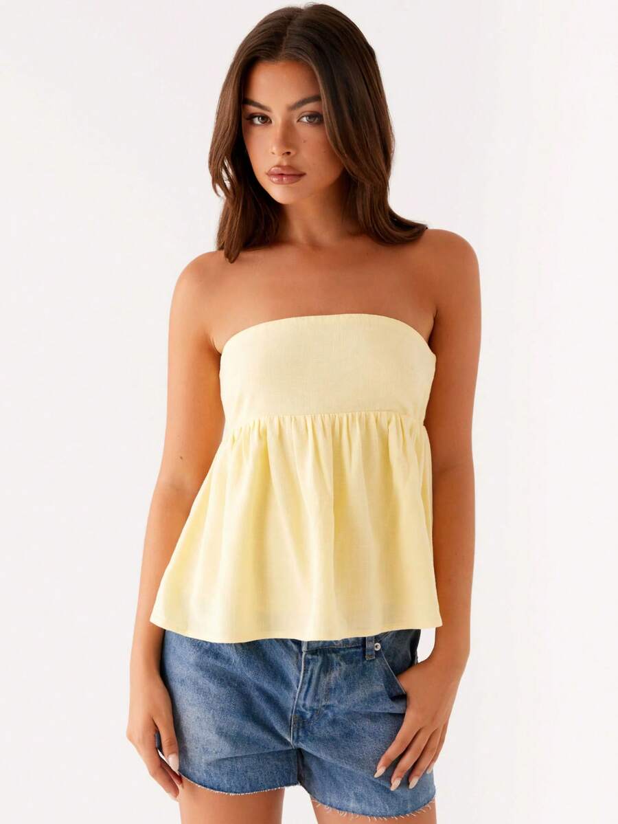 Women Summer Flowy Tube Top Y2k Solid Color Strapless Off The Shoulder Loose Fit Babydoll Bandeau Crop Tops Backless Sleeveless Going Out Tops Vests Shirts Casual Streetwear - Màu vàng - Xem 1