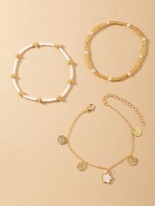 3 件套波西米亚风格串珠、贝壳和海星脚链套装，适合女士，适合海滩、度假、派对佩戴 - 五葉草 - 查看 8