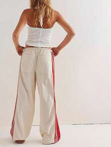 Women's Wide Leg Pants Drawstring High Waist Side Stripes Loose With Pockets Trousers - 米色 - 查看 2